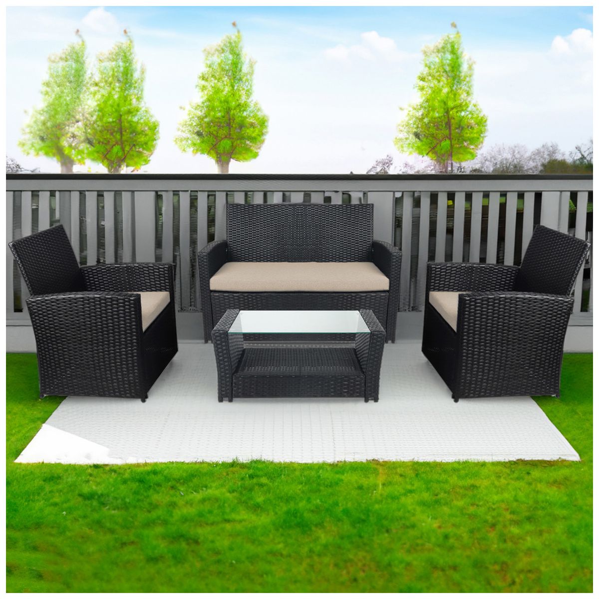 NOVAHUS - Set Terraza 4 Piezas Sorrento Mesa + Sillon Negro