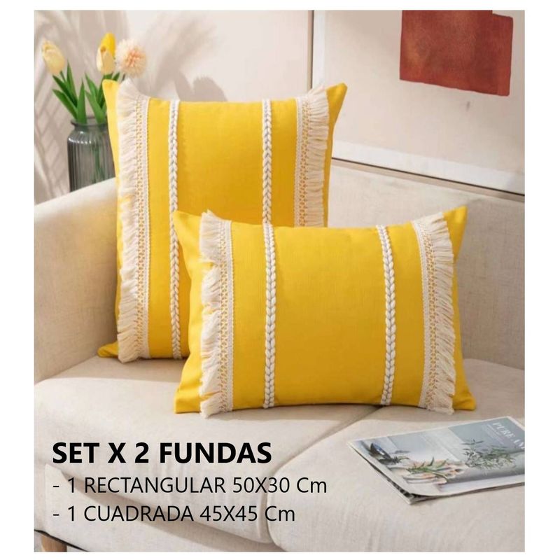 COMPRAPO - Set 2 Fundas Cojín Boho Trenzado Amarillo 30x50 y 45x45 cm