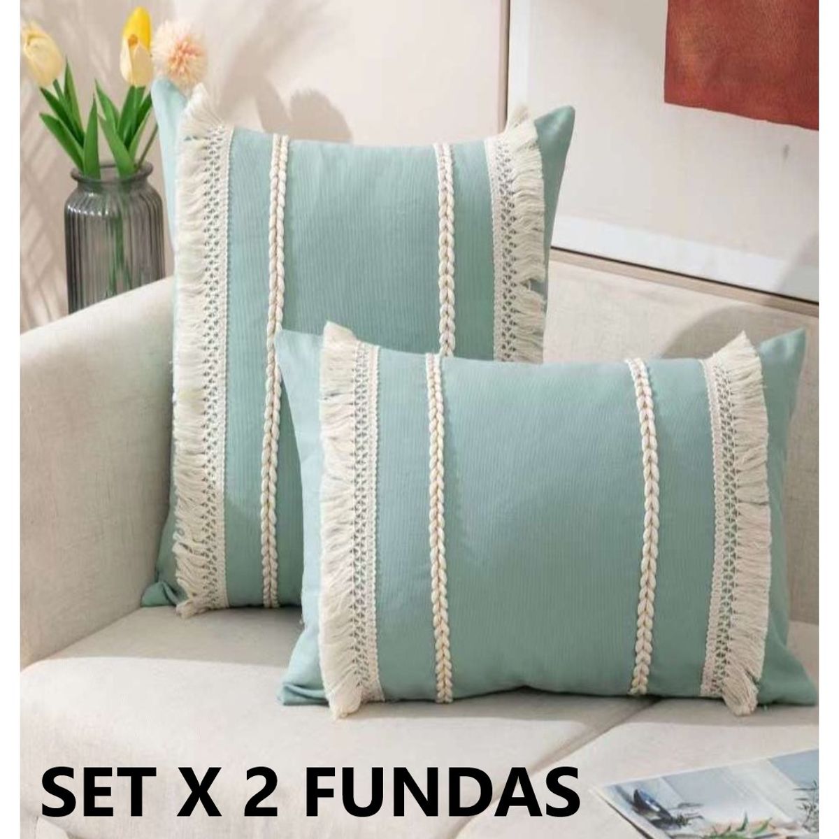Set 2 Fundas Cojín Boho Trenzado Menta 30x50 y 45x45 cm, marca COMPRAPO - Foto Principal