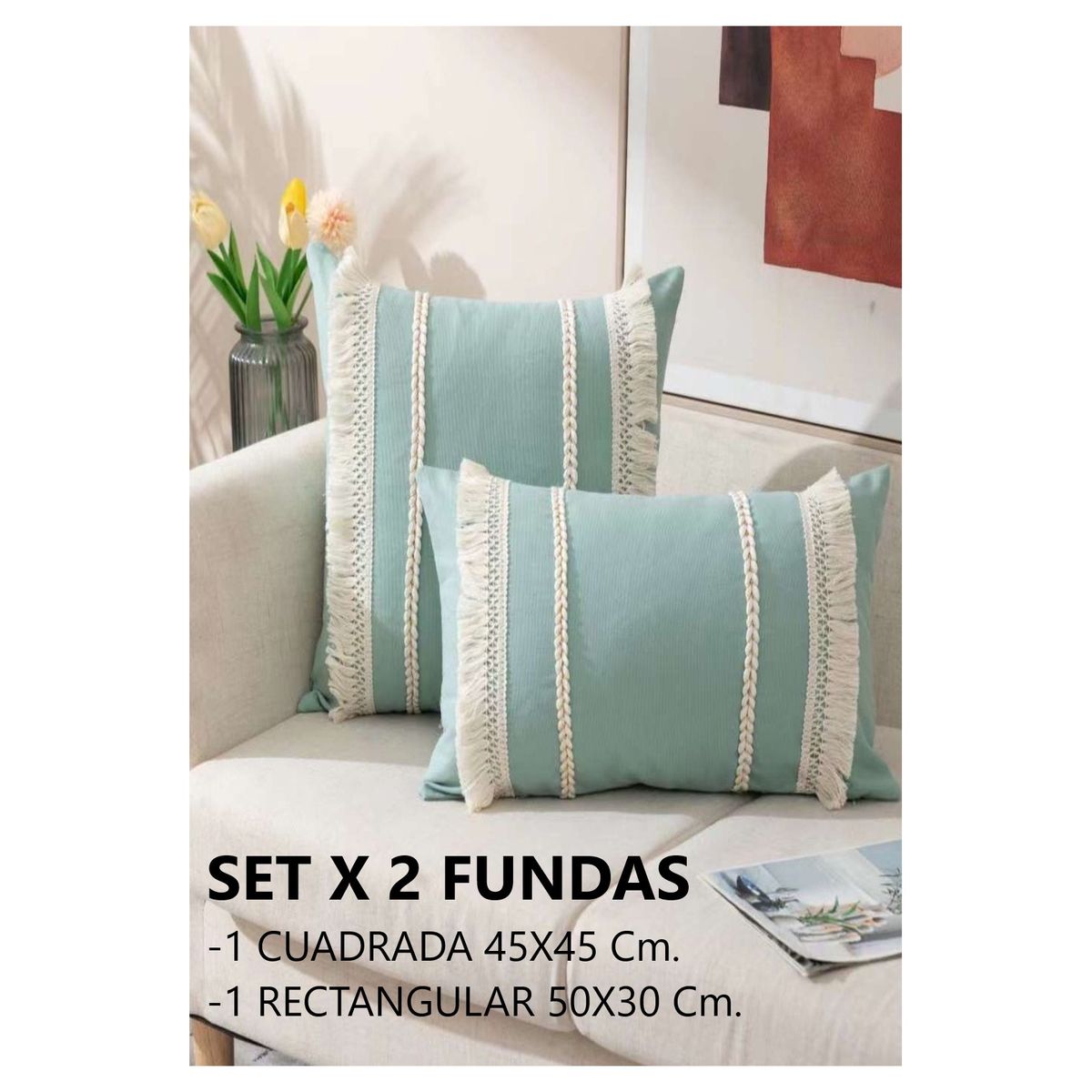 Set 2 Fundas Cojín Boho Trenzado Menta 30x50 y 45x45 cm, marca COMPRAPO - Foto Principal