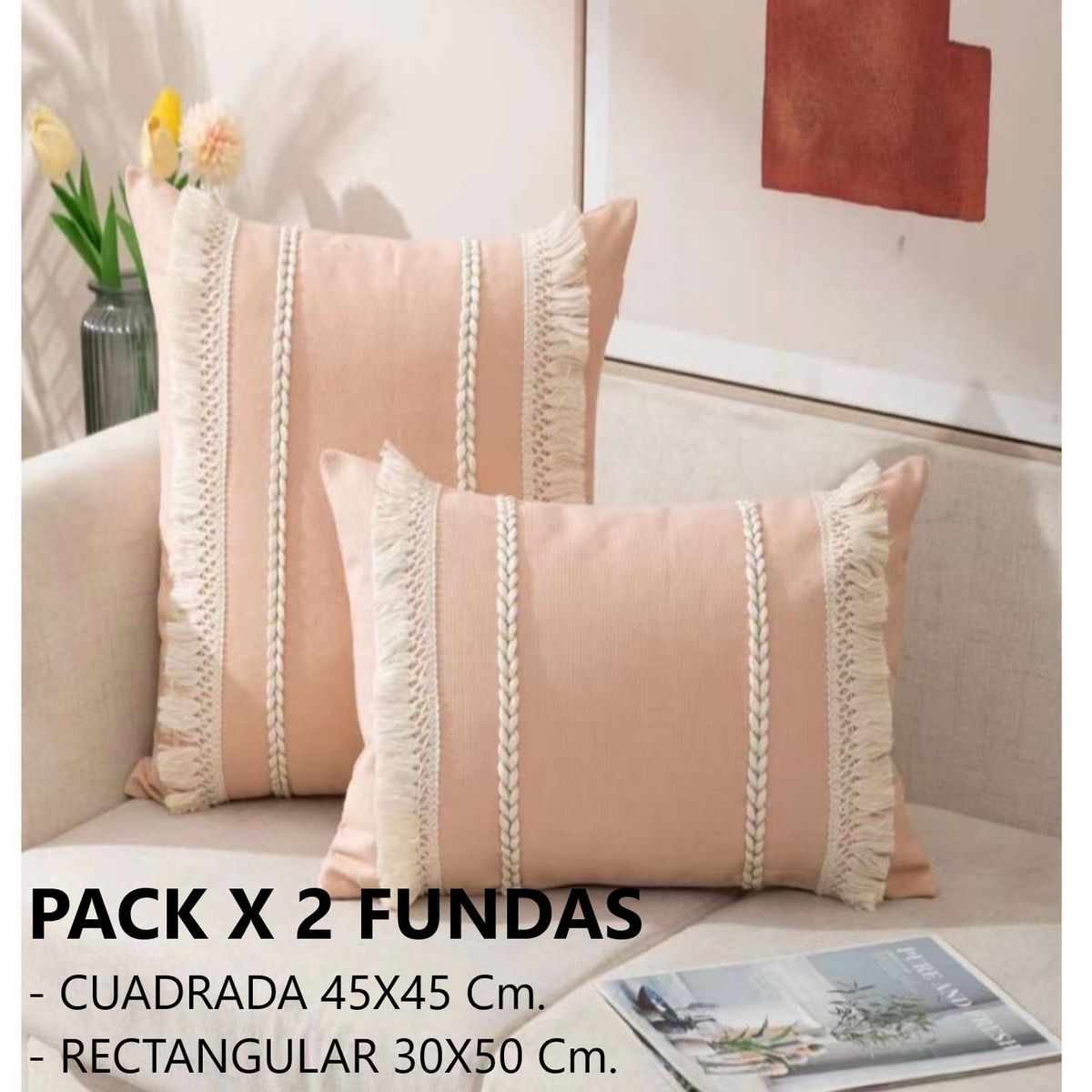 COMPRAPO - Set 2 Fundas Cojín Boho Trenzado Rosa Pastel 30x50 y 45x45 cm