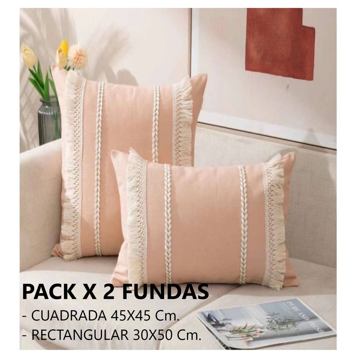 COMPRAPO - Set 2 Fundas Cojín Boho Trenzado Rosa Pastel 30x50 y 45x45 cm