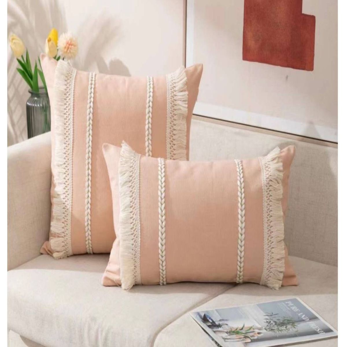 COMPRAPO - Set 2 Fundas Cojín Boho Trenzado Rosa Pastel 30x50 y 45x45 cm