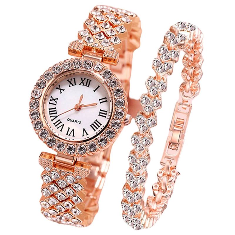 GENERICO - Reloj y pulsera oro rosa elegante con diamantes imitación para mujer