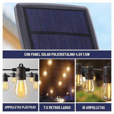 Imagen 2 del producto Guirnalda Luces Solar 7,5Mt Exterior + 10 Ampolletas
