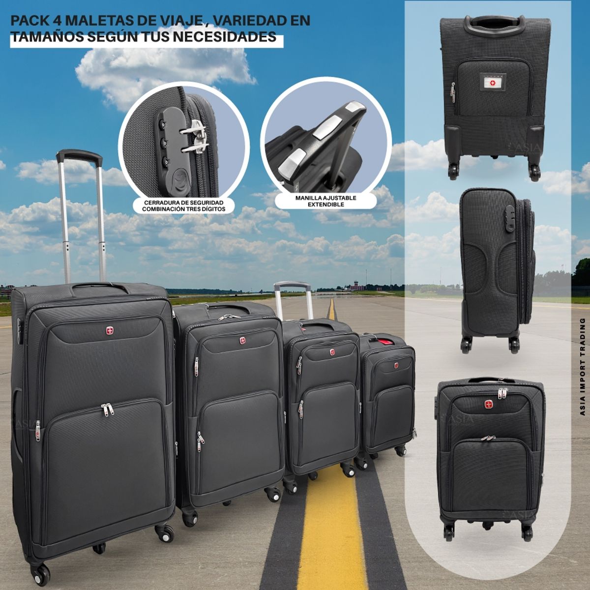 HOME&DESIGN - Set de 4 Maletas Blandas color Negro