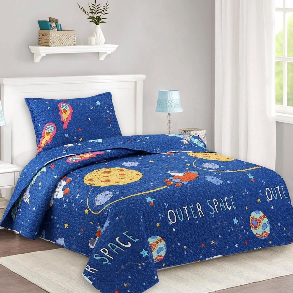 COMPRAPO - Cubrecama Quilt Infantil Liviano 1.5 Pza. Mod. Space + Funda 50x70 Cm