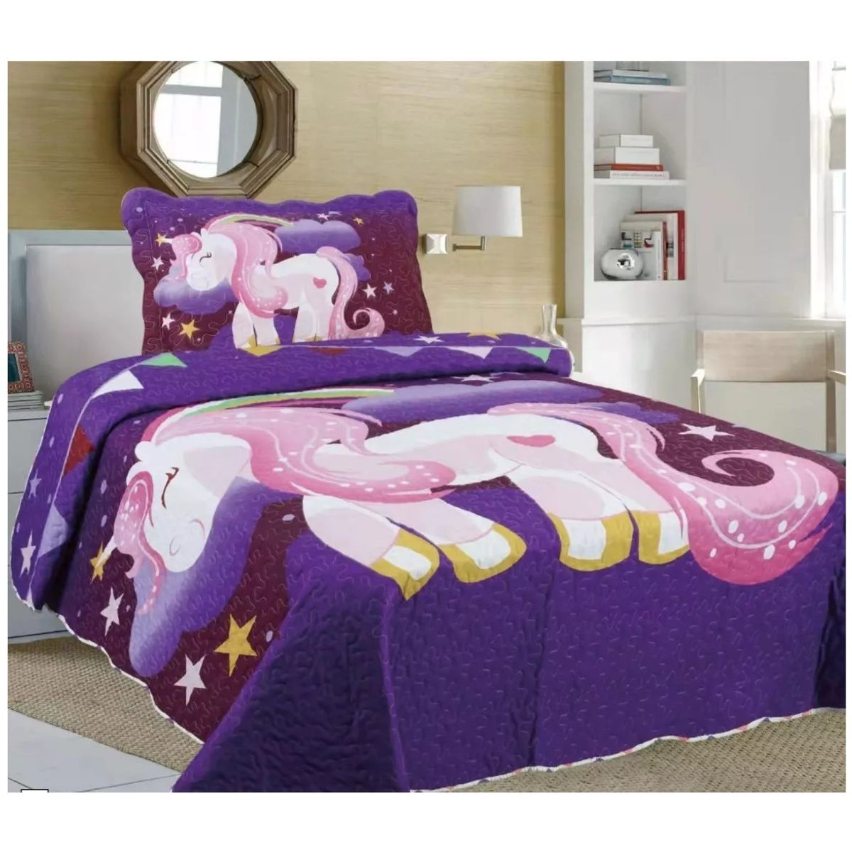 COMPRAPO - Cubrecama Quilt Infantil Liviano 1.5 Pza. Mod. Gran Unicornio + Funda