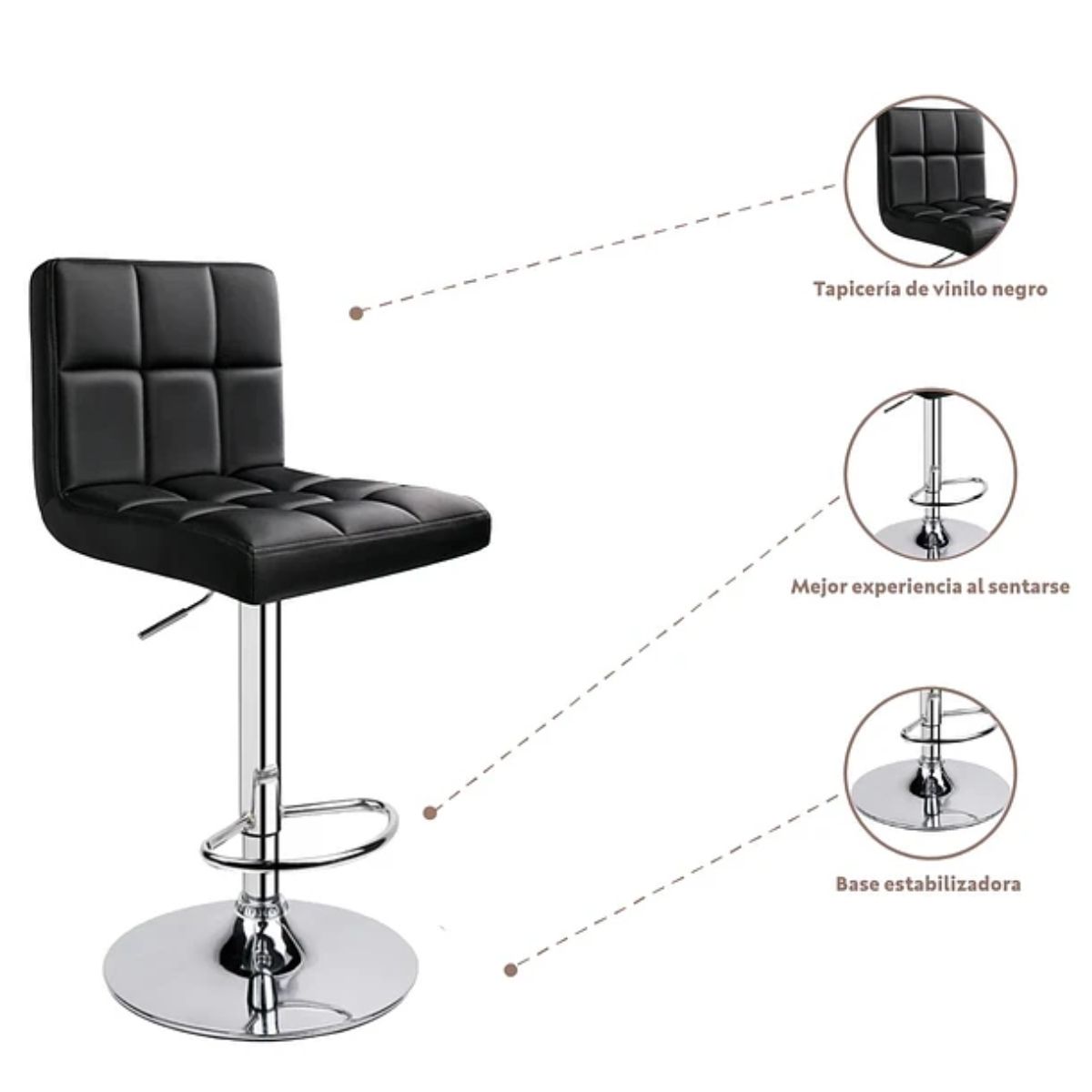 GENERICO - Silla Bar Piso Negro Regulable con Respaldo Ecocuero