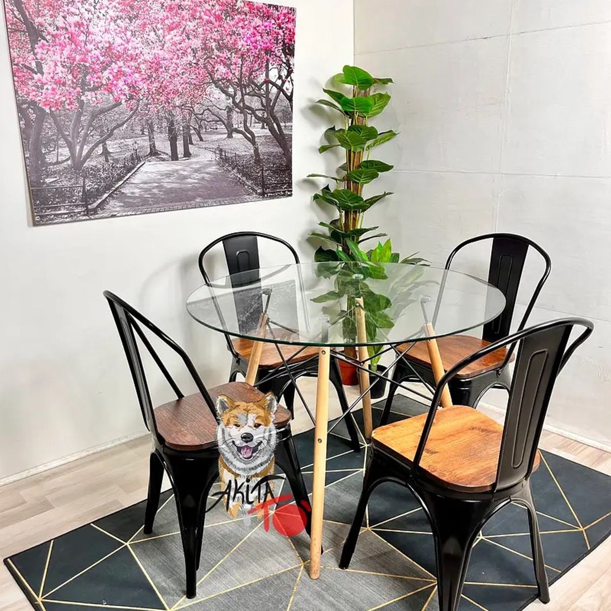 GENERICO - Comedor Laos (Mesa 80D Vidrio + 4 Sillas Tolix NEGRO)