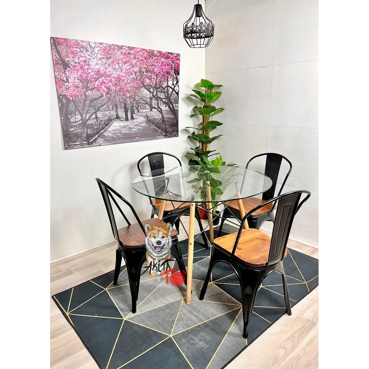 GENERICO - Comedor Laos (Mesa 80D Vidrio + 4 Sillas Tolix NEGRO)