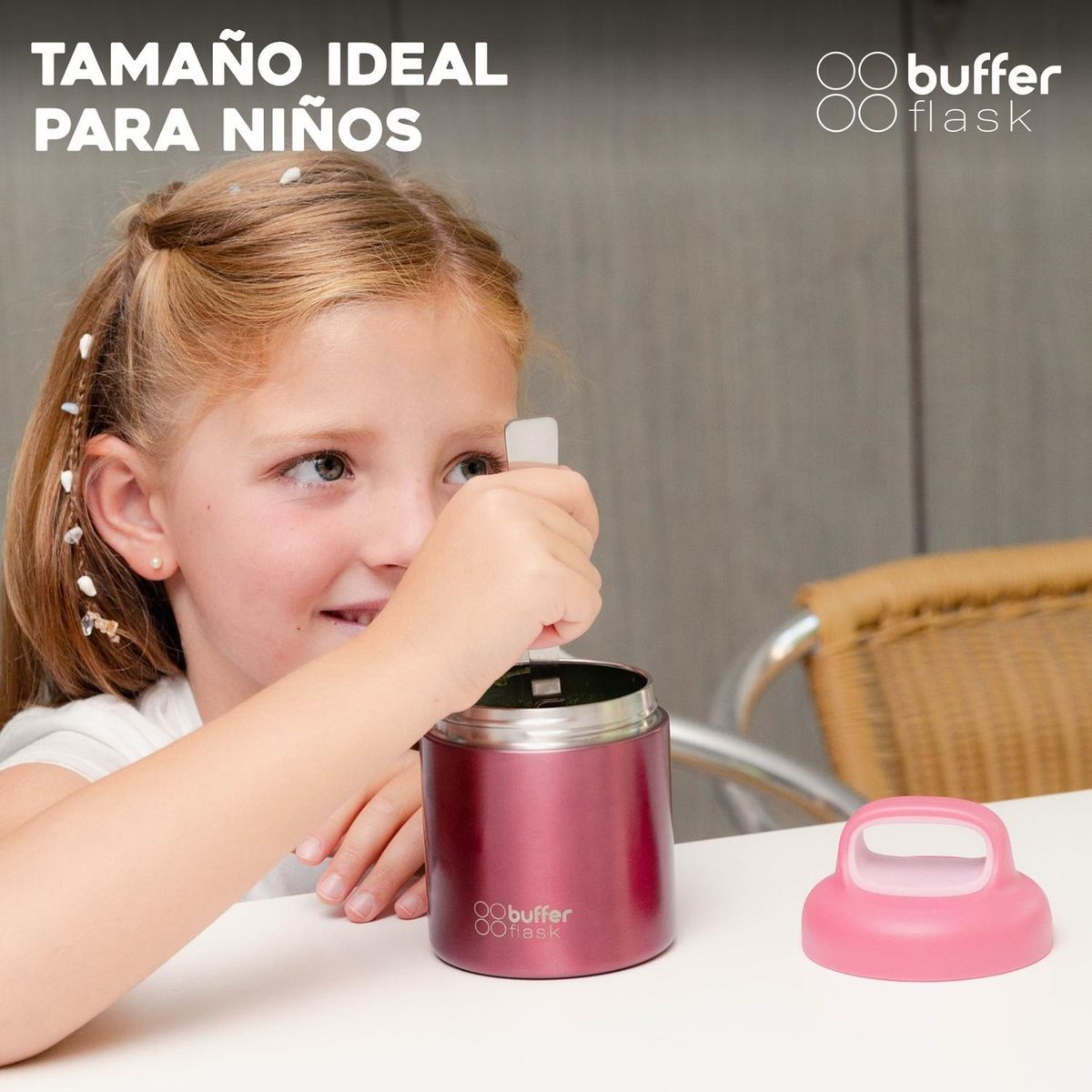 BUFFER FLASK - Termo Comida y Liquido Buffer Niño Niña 340ml + Cuchara - Rosa