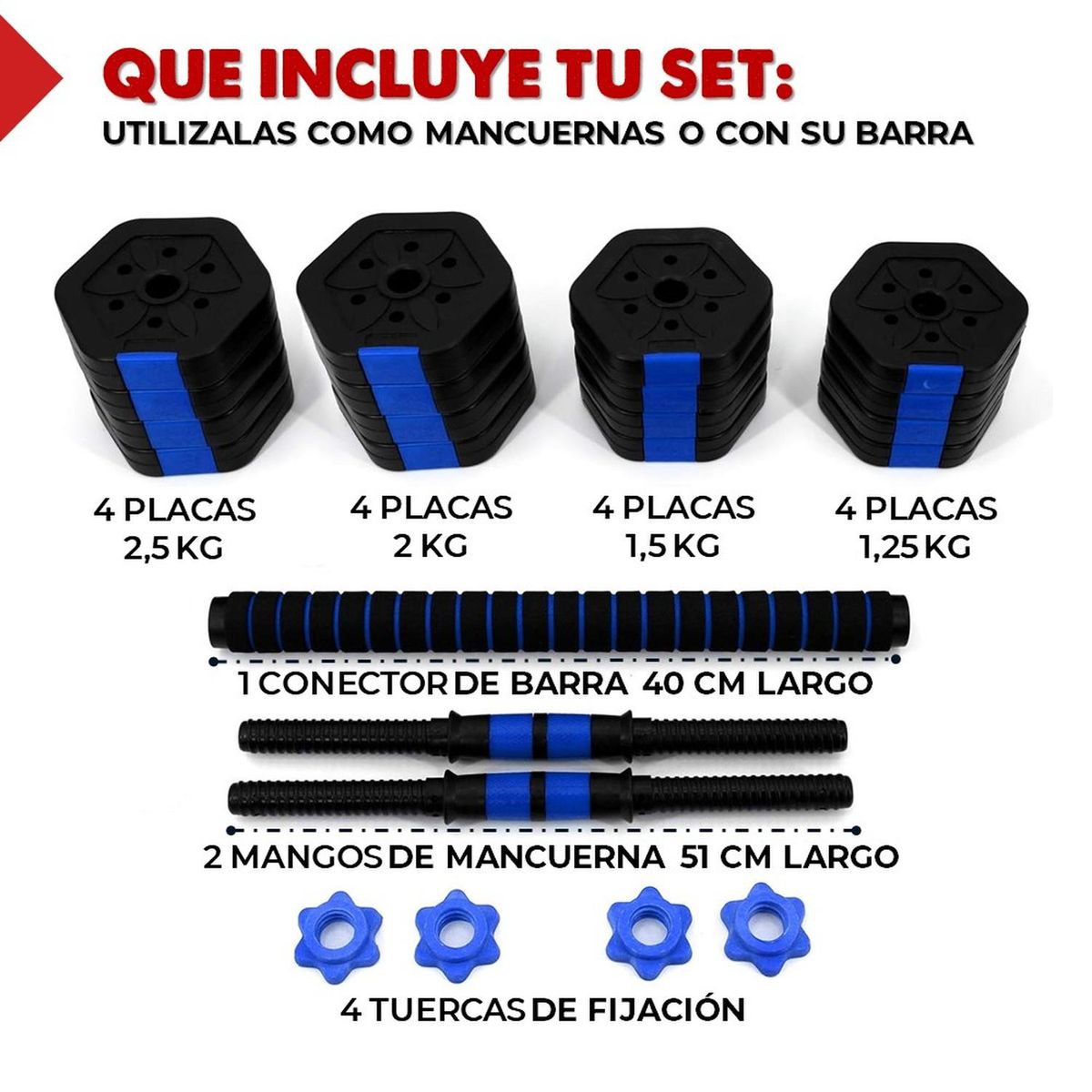 FITNICS - Mancuernas Ajustables Set 30 Kg Fitnics 2en1 +Barra