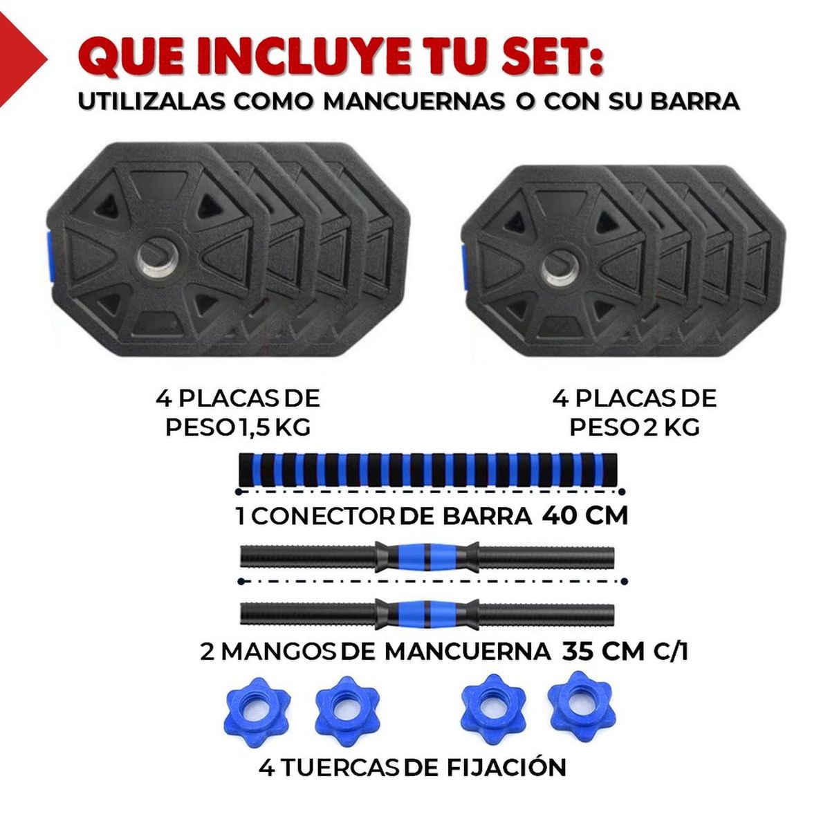 FITNICS - Mancuernas Ajustables Set de 15 Kg Total 2en1 +Barra