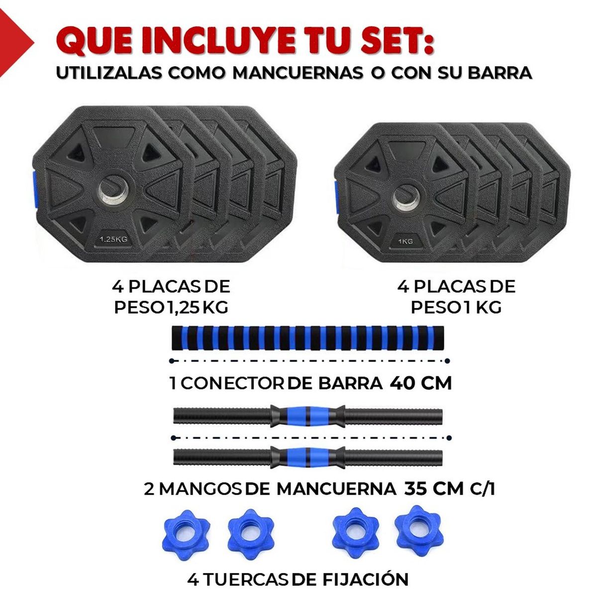 FITNICS - Mancuernas Ajustables Set de 10 Kg Total 2en1 +Barra