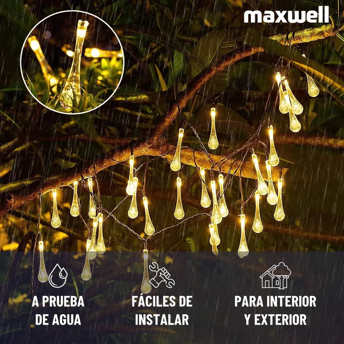 MAXWELL - Guirnalda Solar Hada Gotas Maxwell 7m 30 Luces Led Navidad
