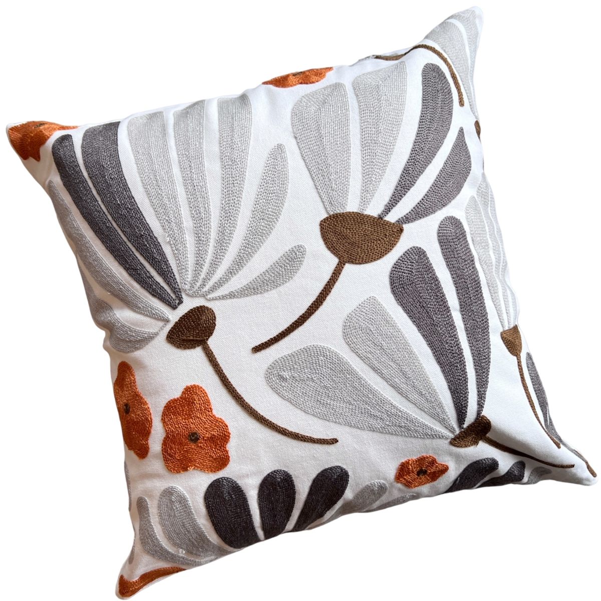 MANDIRHOME - Funda de Cojín Bordado Flor Grande Gris Terracota Café 45x45cms
