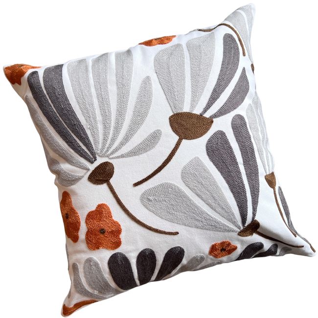 MANDIRHOME - Funda de Cojín Bordado Flor Grande Gris Terracota Café 45x45cms