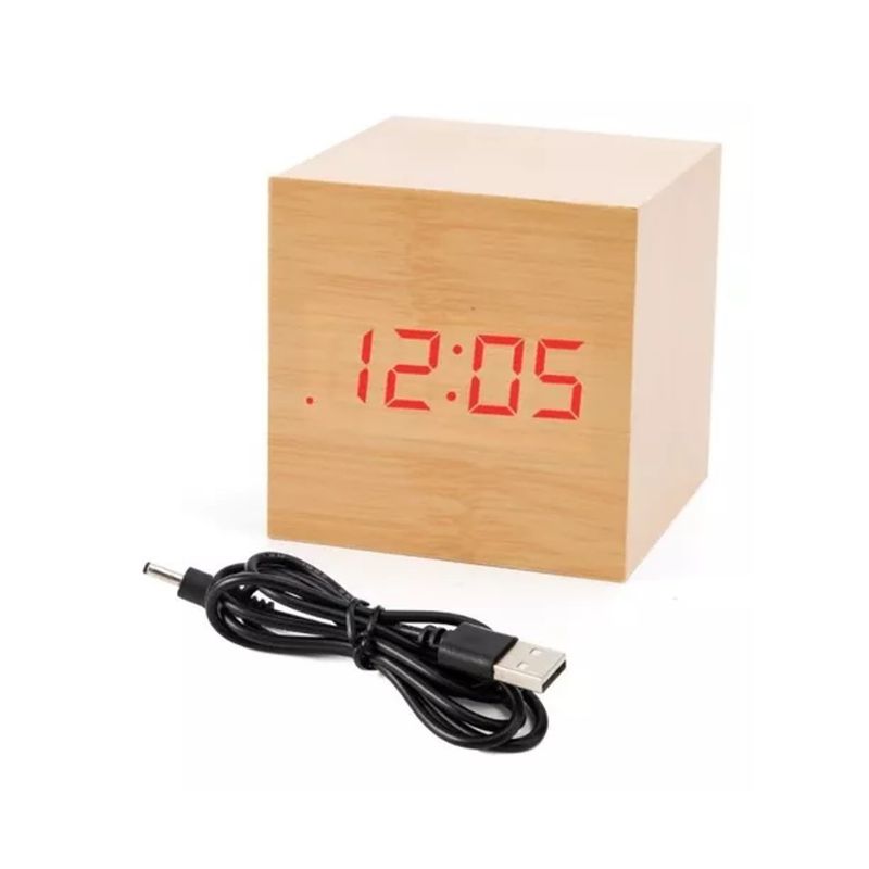 GENERICO - Reloj Digital Despertador Cubo De Madera Luz Led