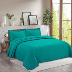 GENERICO - Cubrecama Quilt De Verano 2 Plazas Queen Pompones Turquesa