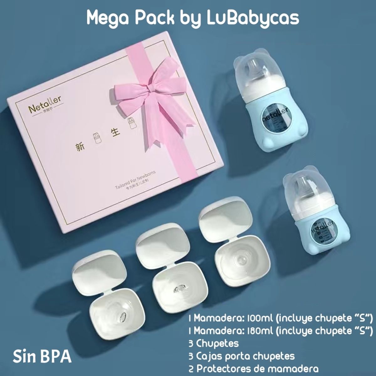 LUBABYCAS - Set 2 Mamaderas Con Protectores 3 Chupetes Caja Lubabycas