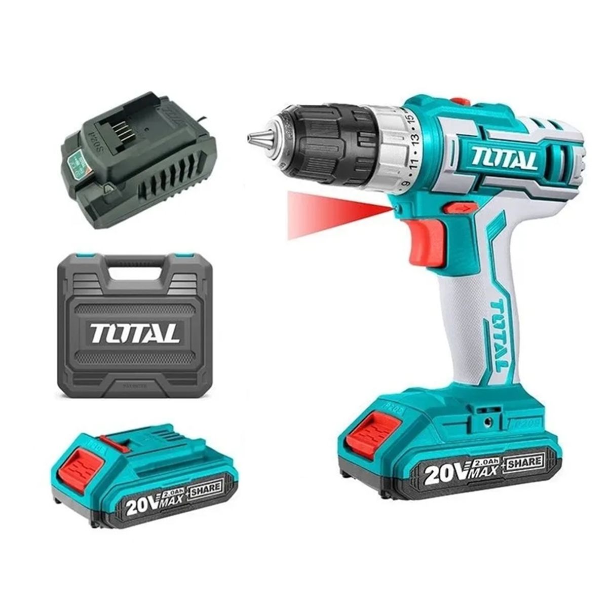 TOTAL TOOLS - taladro atornillador inalambrico 10mm 20v 2 baterias + Carg Total