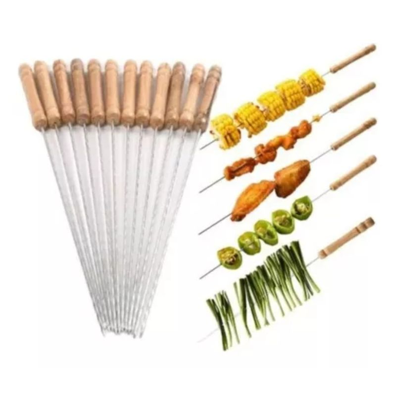OEM - Set de 12 Pinchos Brochetas Anticucho Metal Madera de 6 Unidades