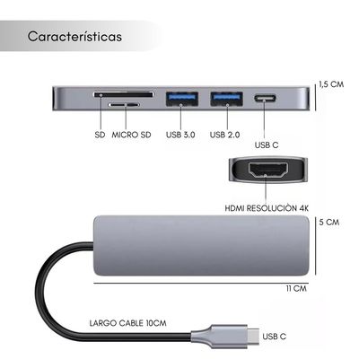 Imagen 2 del producto Hub Adaptador Usb Tipo C 6 en 1 para Mac Macbook Windows