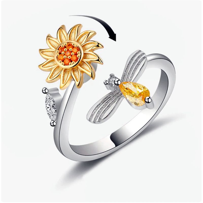 GENERICO - Anillo Antiestrés Girasol Giratorio Mujer Ajustable Acero Inoxidable
