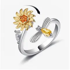 GENERICO - Anillo Antiestrés Girasol Abeja Giratorio Ajustable Acero Inoxidable