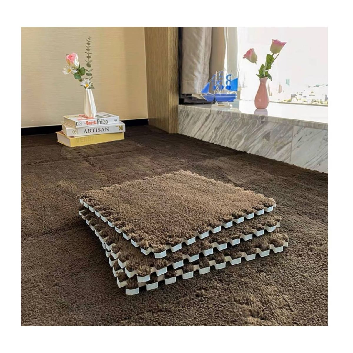 GENERICO - Set 10 Alfombras Goma Eva Peluda Niños Piso Felpa 30x30cm Marron