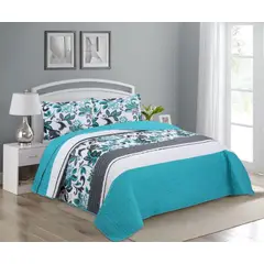 GENERICO - CUBRECAMA 1.5 PLAZA QUILT DE VERANO TURQUESA CON DISEÑO DE HOJAS feiya