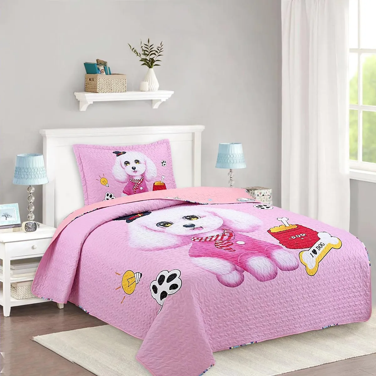 GENERICO - CUBRECAMA QUILT DE VERANO 1.5 PLAZA ROSADO DISEÑO DE PERRITA FEIYA_.