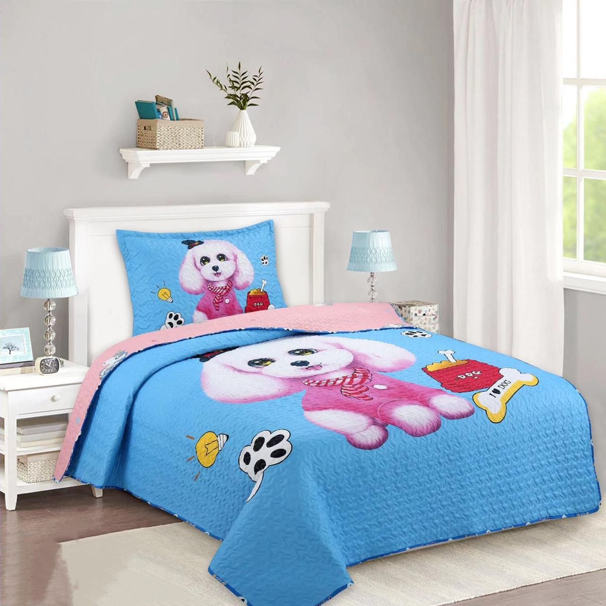 GENERICO - CUBRECAMA QUILT DE VERANO 15 PLAZA AZUL DISEÑO DE PERRITA FEIYA