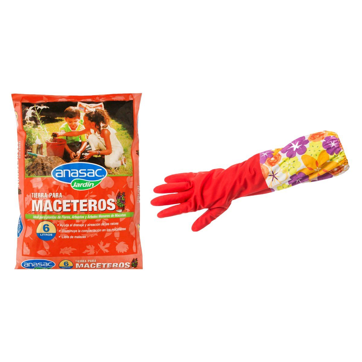 ANASAC - Guantes para jardineria + Tierra de Hojas 6Lt Anasac