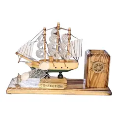 GENERICO - Porta Lapiz Barco de Madera para Oficina Hogar