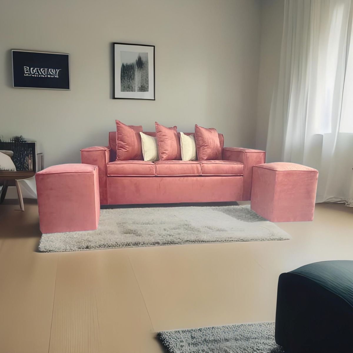 RUZAM MOBEL - SOFA ROSES 3 CPOS 2 POUF FELPA ROSA