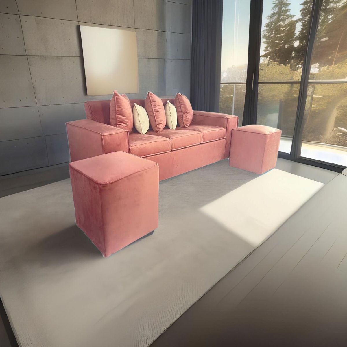 RUZAM MOBEL - SOFA ROSES 3 CPOS 2 POUF FELPA ROSA