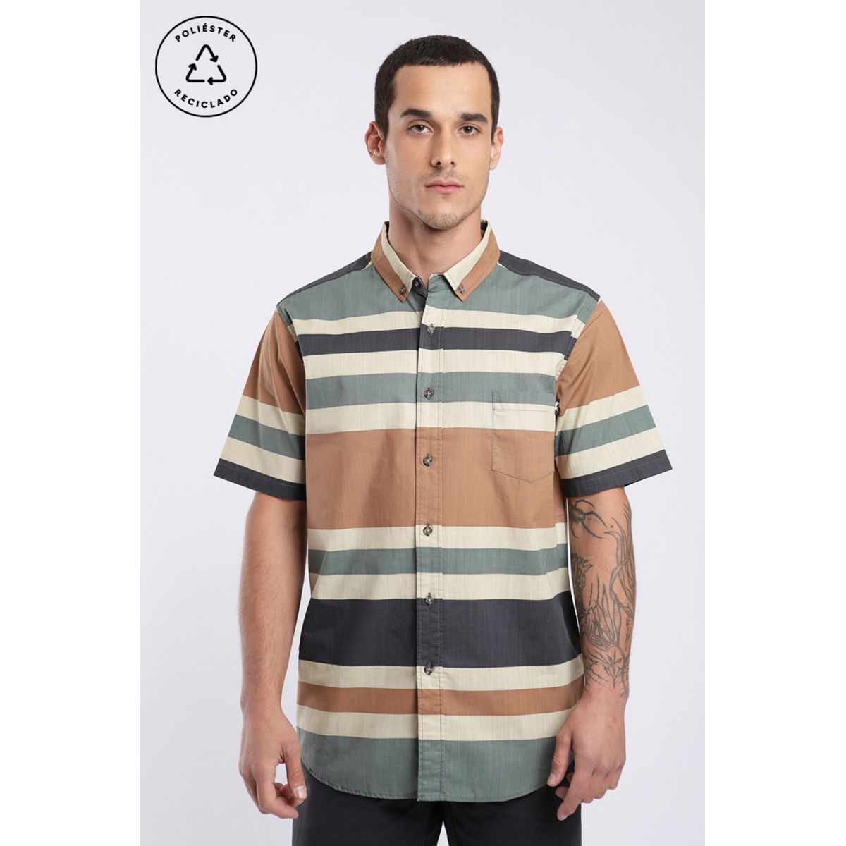 FROENS - Camisa manga corta Texture hombre Stripes camel - Poliéster reciclado froens