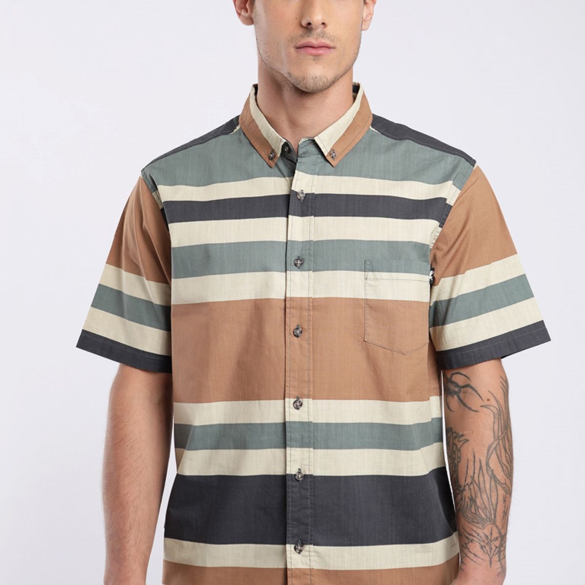 FROENS - Camisa manga corta Texture hombre Stripes camel - Poliéster reciclado froens