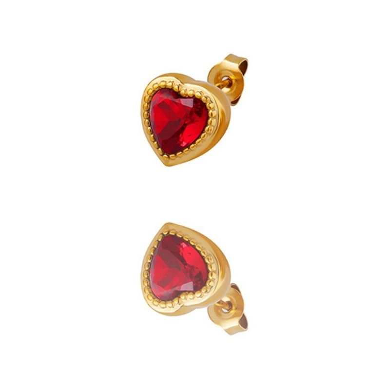 LUX JOYAS - Aros Baño Oro Amarillo 18k Pegados Corazón Circón Rubí
