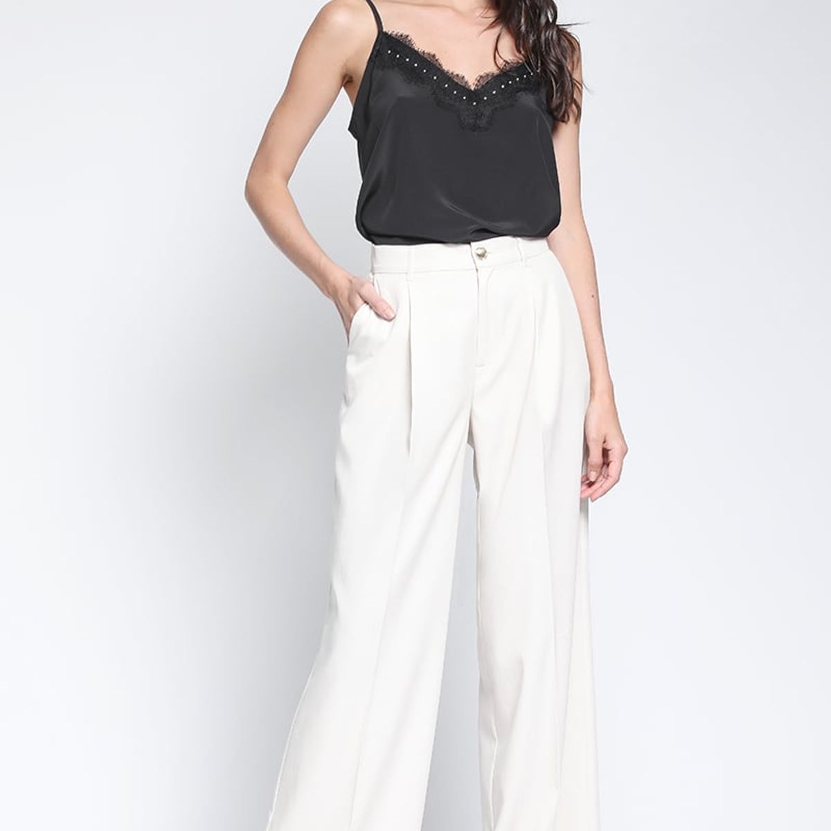 LIOLA - Pantalon Ancho Con Pinza, Mix Lyocell Beige Liola