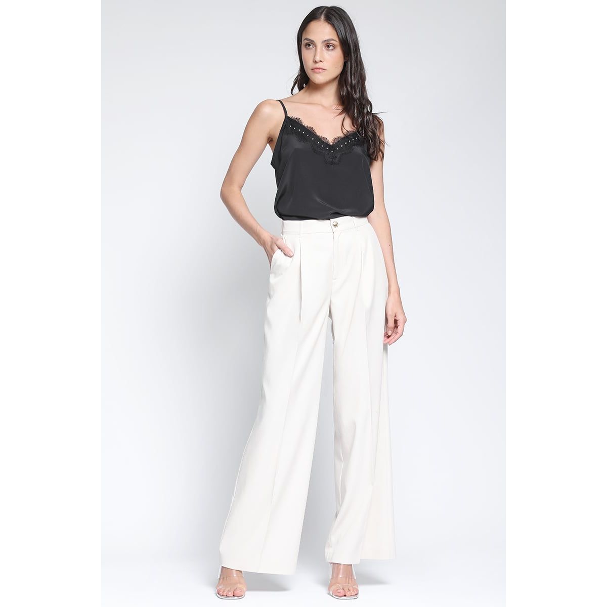 LIOLA - Pantalon Ancho Con Pinza, Mix Lyocell Beige Liola