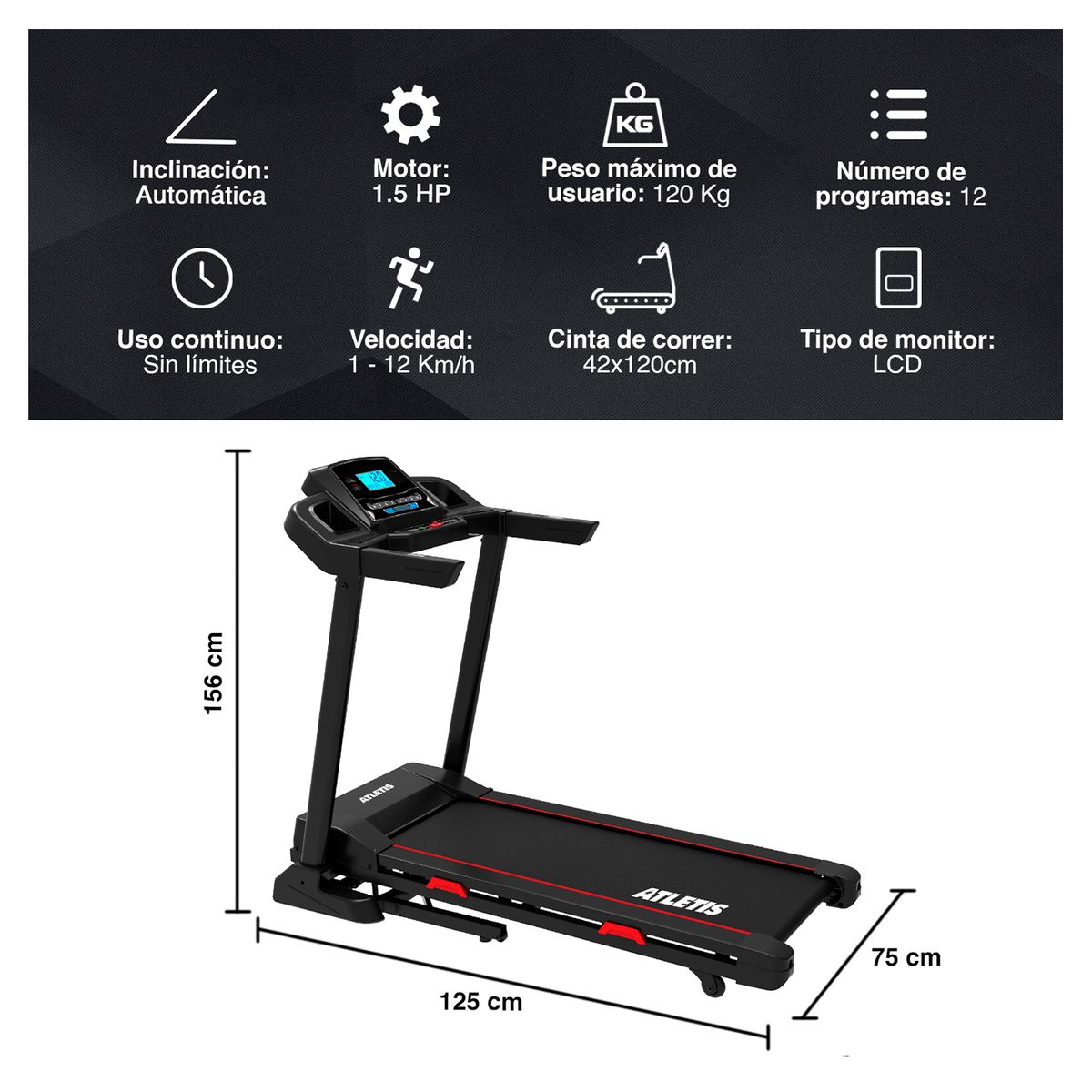 ATLETIS - Trotadora Eléc AT M900 Plus Inclinación Automática LCD Bluet