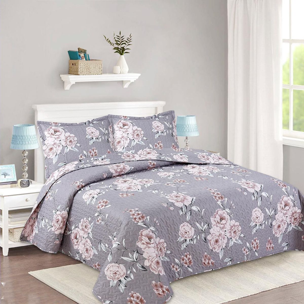GENERICO - CUBRECAMA KING QUILT DE VERANO CON DISEÑO DE ROSAS FEIYA