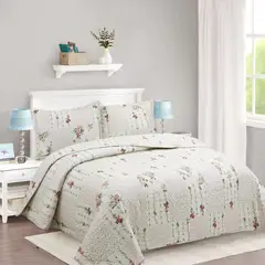GENERICO - CUBRECAMA KING QUILT DE VERANO BEIGE DISEÑO DE FLORES FEIYA