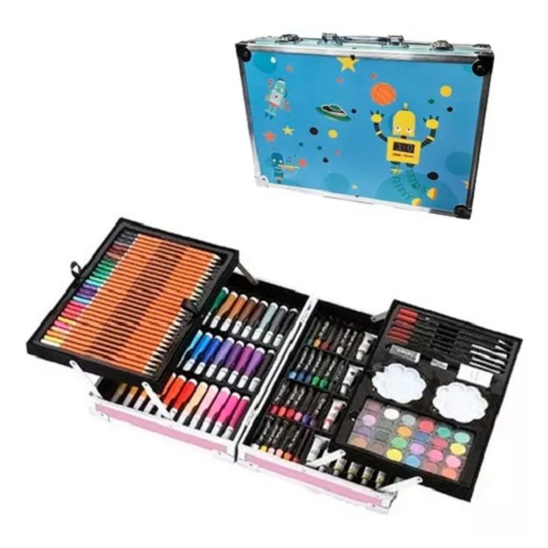 GENERICO - Kit Dibujo Niño 145pcs Maleta Aluminio Dos Piso 280008 Azul