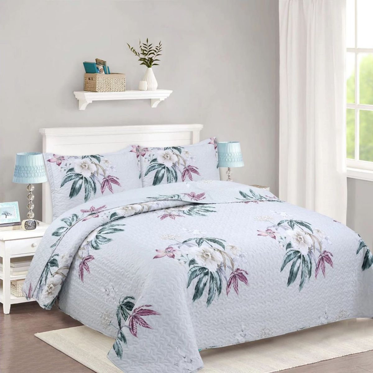 GENERICO - CUBRECAMA KING TELA QUILT DE VERANO BLANCO DISEÑO DE FLORES FEIYA