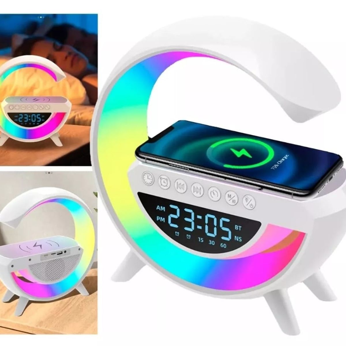 GENERICO - Parlante Con Cargador Inalámbrico Reloj Digital Lampara Led