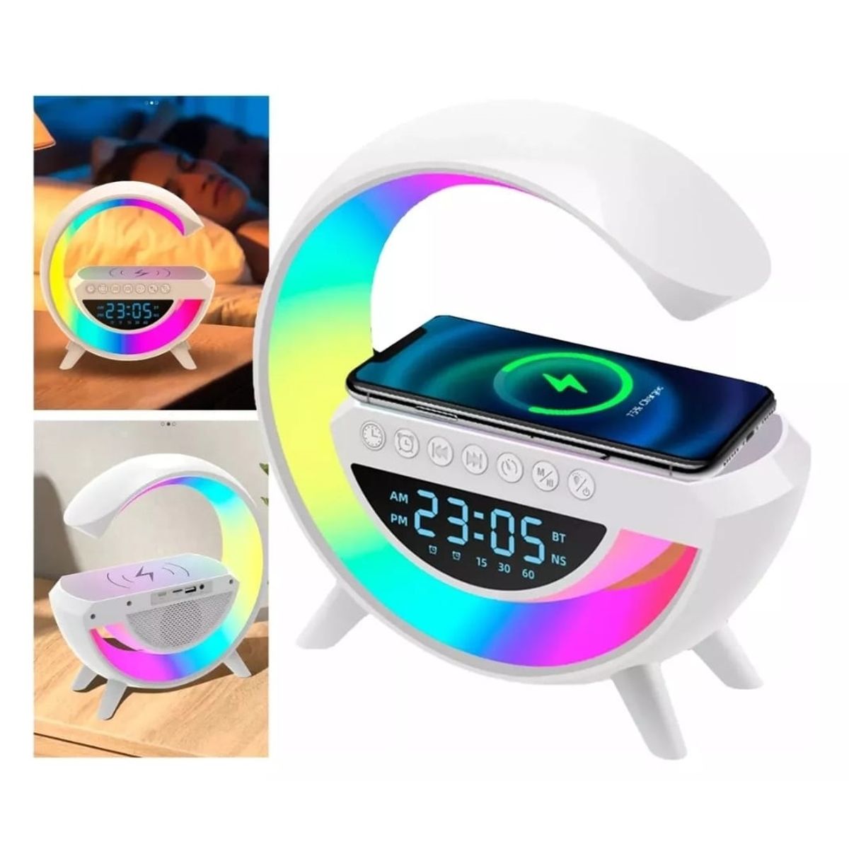 GENERICO - Parlante Con Cargador Inalámbrico Reloj Digital Lampara Led
